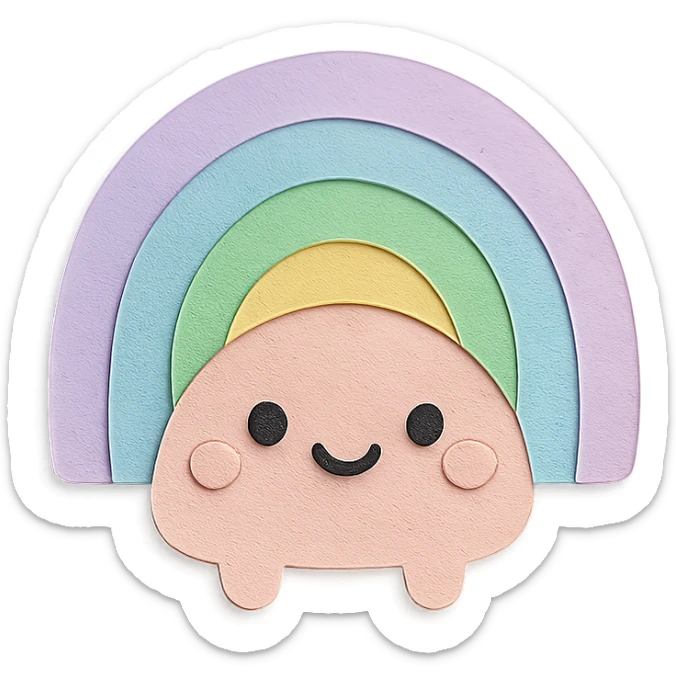 adorable soft pastel rainbow, watercolor texture, happy face, no arms or legs, full body, kawaii paper craft style sticker