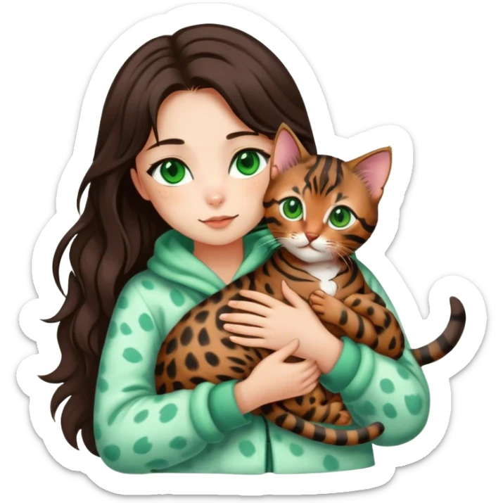 girl with green eyes and long brown hair holds a bengal kitten in her arms sticker