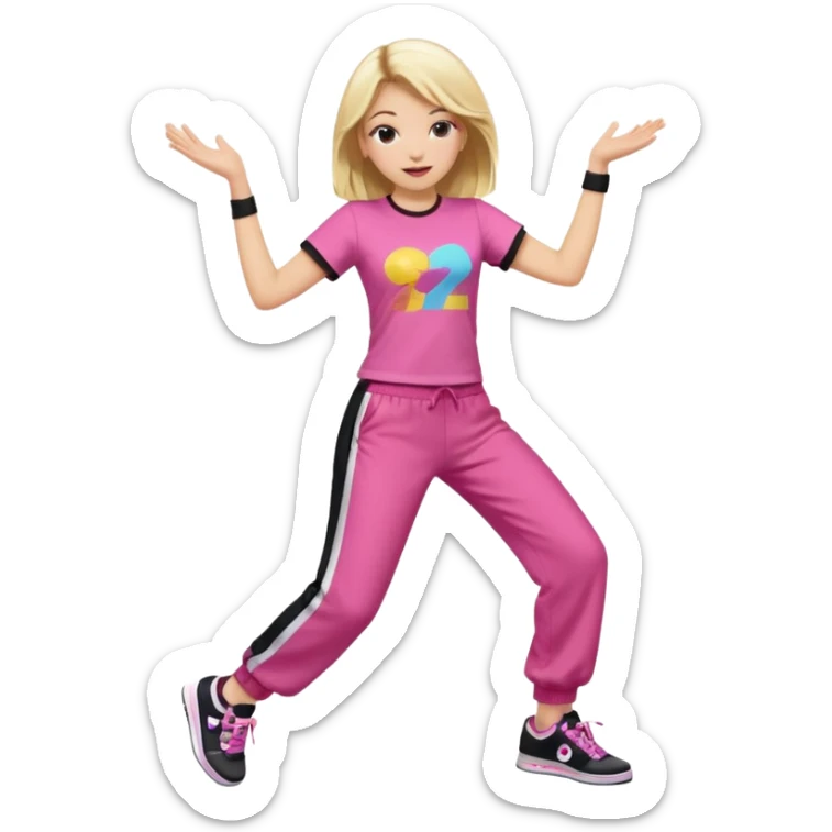 Hiphop dancer, with cute big pants, sneakers, and t-shirt. White girl blond. Coloufull shirt. No pocket pants. Dancing. Pink and black plain outfit. No sweatbands on the wrist, black music box behind her. sticker