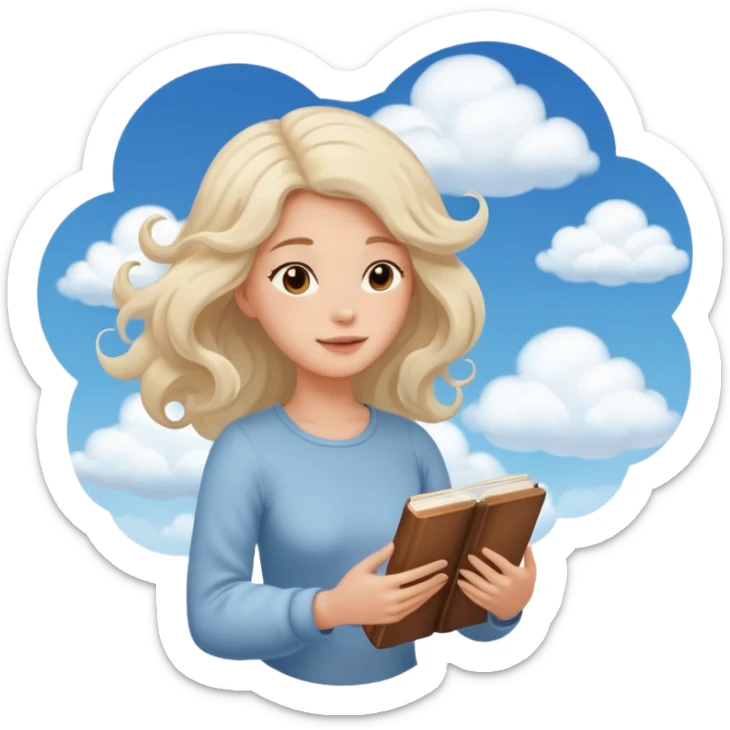 Dreamy, kind, empathetic — like they’re not fully grounded. woman flying in the clouds with a book sticker