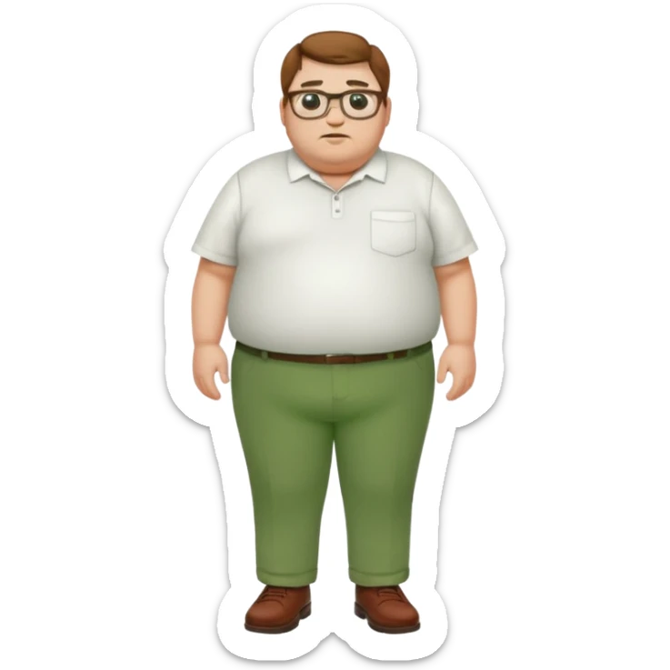 Fa fat man with glasses with a but chin and white shirt and green pants also brown shoes  sticker