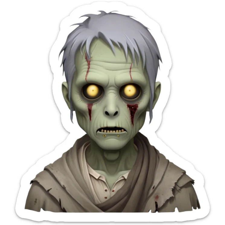 Cinematic Noble Zombie Portrait Emoji, Surprisingly dignified and somber, with a decaying yet strangely regal visage in ashen grays and muted tones, draped in tattered attire hinting at a lost grandeur, simplified yet meticulously detailed, glowing with a soft, eerie radiance and a gentle outline that evokes the tragic nobility of the undead! sticker