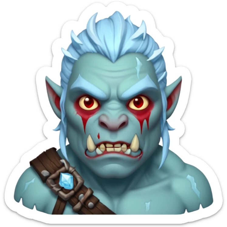 Fantasy orc portrait emoji, frozen scar glowing deep red against icy blue skin tones, primal winter survival theme, restrained detail, clean readable emoji style, male/female variant
 sticker