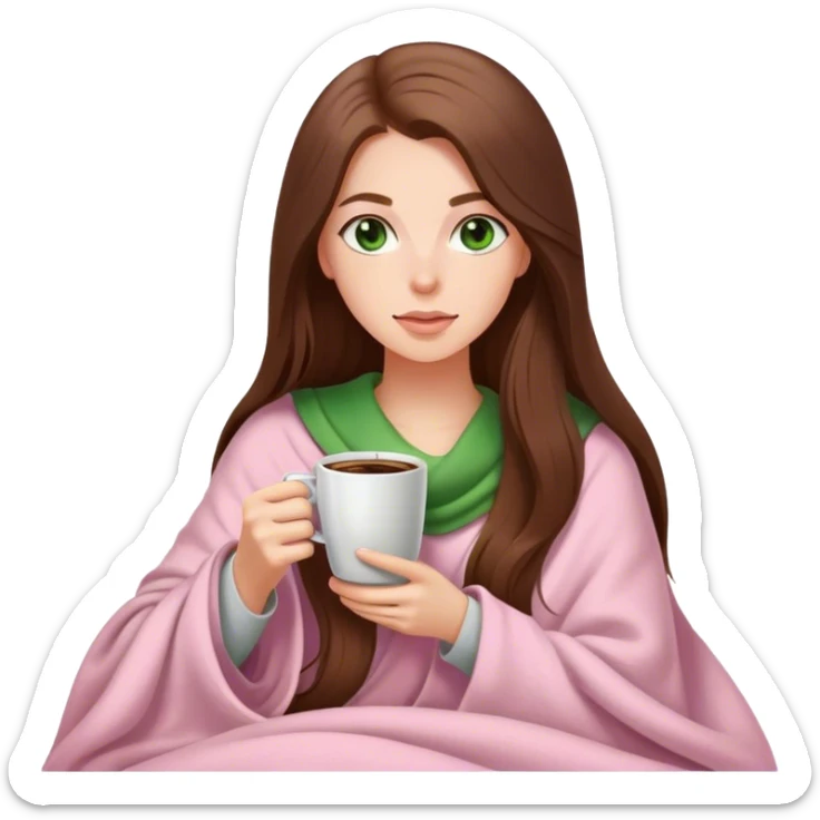 A pretty white girl with very long brown hair and green eyes in a light pink blanket sipping coffee sticker