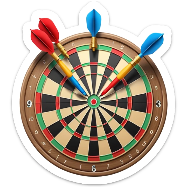 A dartboard with darts firmly stuck in the bullseye, surrounded by the colorful sections of the target. The background conveys a competitive atmosphere, with a subtle focus on precision and skill in the game of darts. sticker