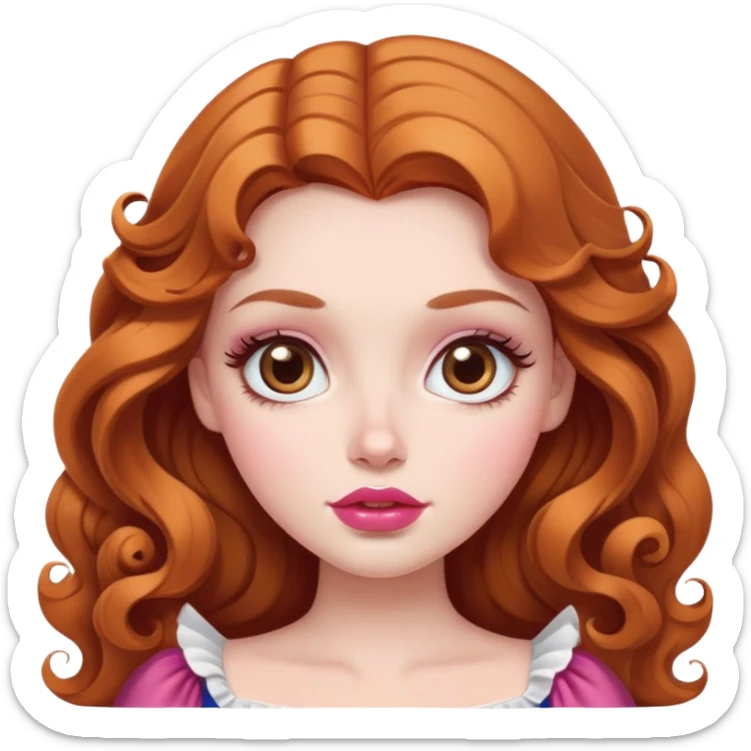 Garota branca como a neve, olhos grandes cor de mel, cílios longos, cabelos ruivos longos e ondulado curvatura 2a, boca média rosada sticker