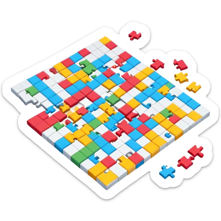 A photorealistic icon with a colorful, fragmented crossword magazine, a 3D puzzle, and a partially completed puzzle on a table. Bright, detailed design with realistic lighting. Transparent background, clearly symbolizing puzzles and brain games. sticker