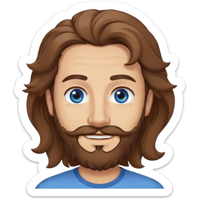 Lebanese man with one blue eye and one brown eye, light beard, kind smile, blue shirt, brown longish wavy hair sticker