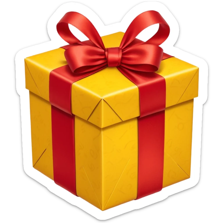 box with yellow wrapping paper and a length of red ribbon surrounding it sticker