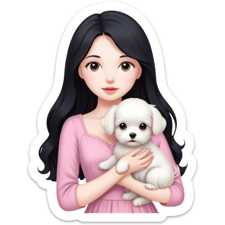 beautiful girl with long black hair wearing pink dress holding a white Maltese puppy sticker