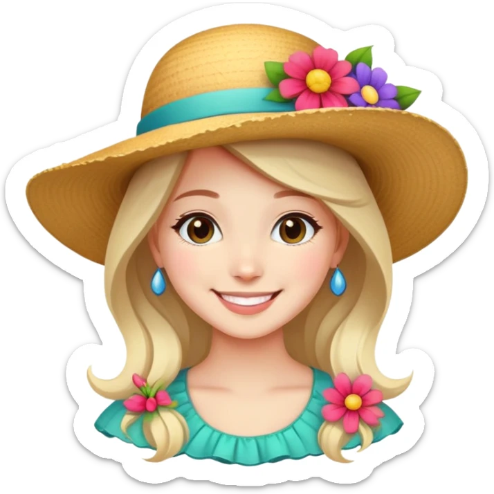 girl with a fancy wide-brimmed hat with flowers, happy face sticker