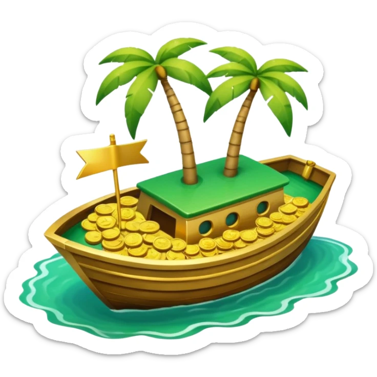 emoji of gold coins on the boat in the sea and an island on the background sticker