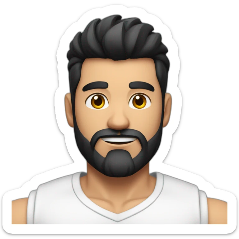 close up of white skin indian in plain white shirt with sleeve up and quiff black hair style and beard and muscle body sticker