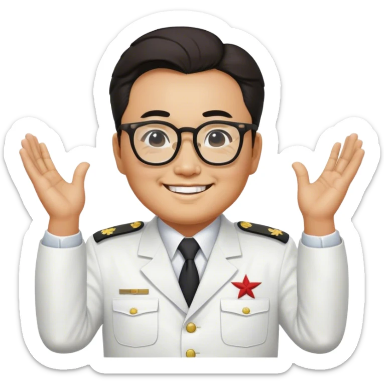 Emoji of l kim il sung wearing his white uniform with his hands behind his back smiling as he looks at you through his big glasses sticker