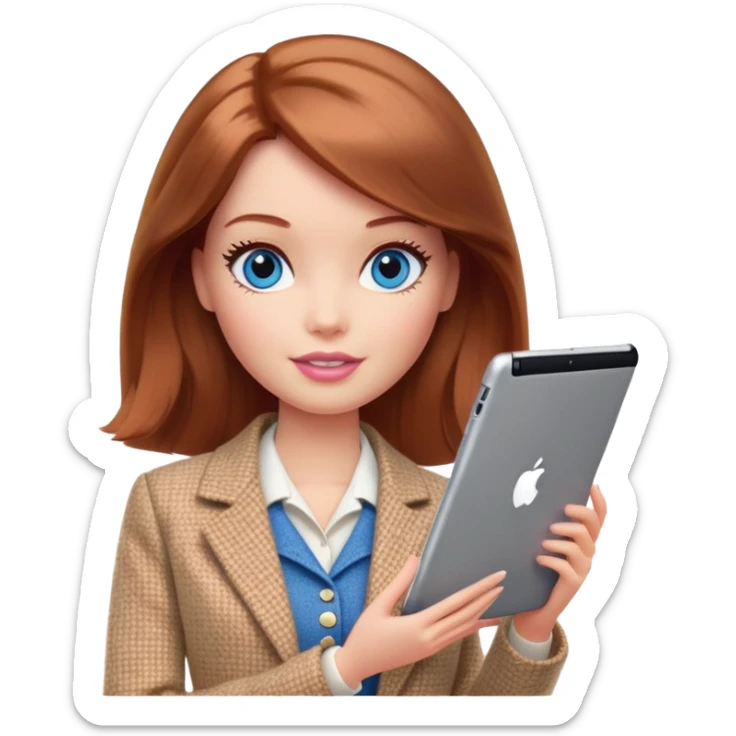 A Barbie girl with blue eyes, shoulder-length reddish-brown hair, made-up, wearing a beige tweed jacket and a beige skirt,  with a iPad sticker