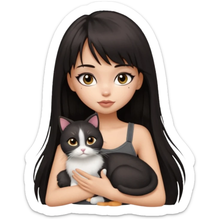 generate a pretty bratz girl in black cami top, dark brown straight long hair with bangs, eyeliner on, cuddling a cat sticker