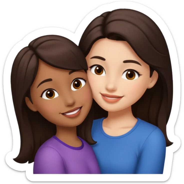 A girl kisses her friend The girls' hair color is dark brown.  sticker