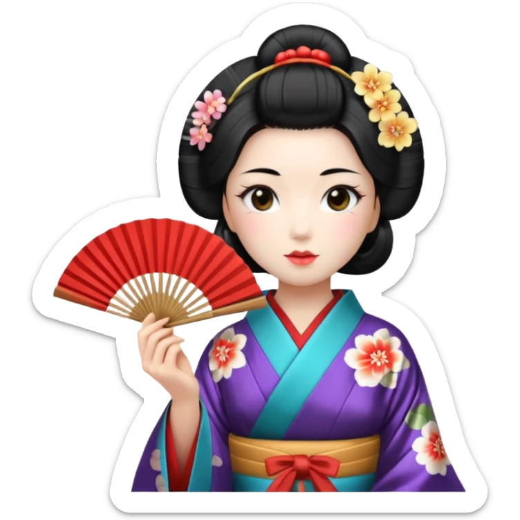 a traditional geisha japanese woman wearing a kinono holding a folding fan elegantly sticker