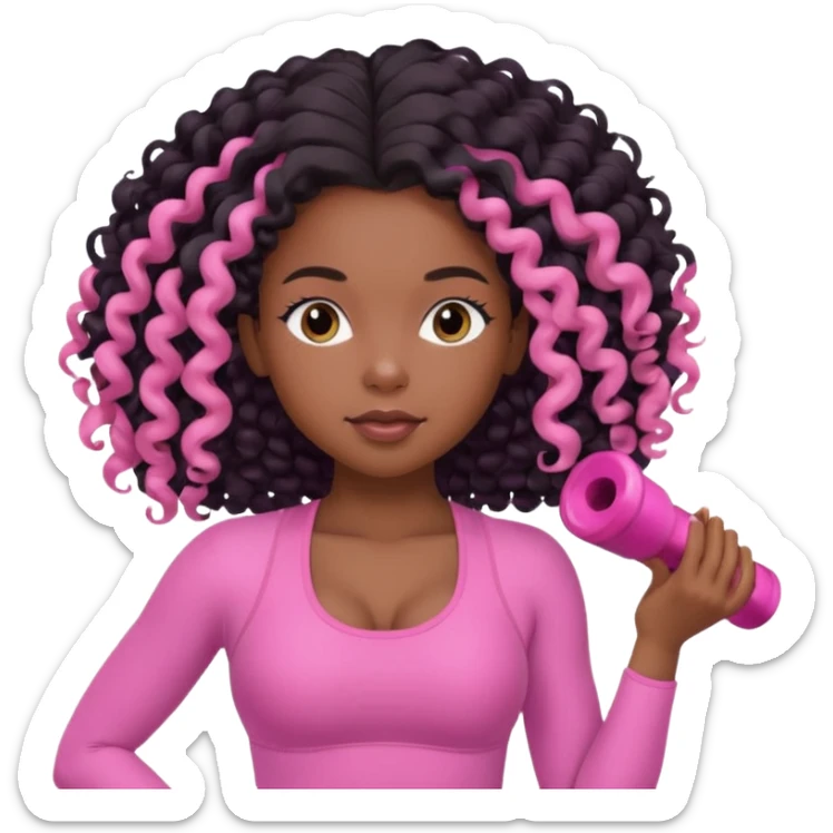 black birthday girl long hair, blow out curls, pink pilates outfit sticker