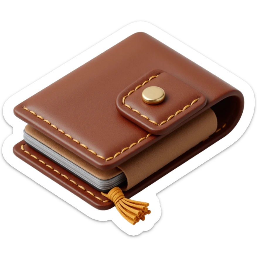 leather wallet with stitching, highly detailed, skeuomorphism icon style sticker