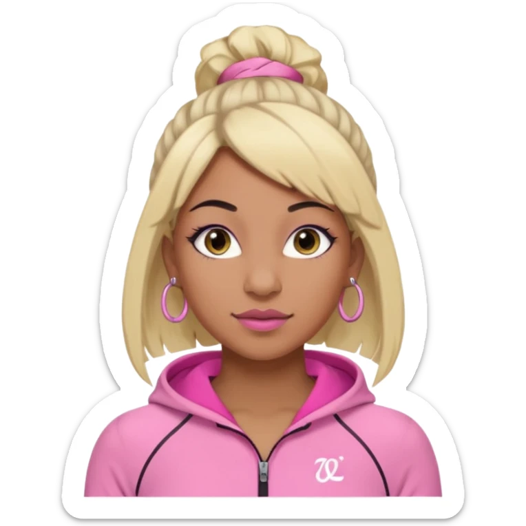 crée moi une jeune adulte brownskin au yeux brider marron foncer et une perruque blonde avec des baby hairs , un ensemble lululemone rose percing au nez et les oreilles remplis un petit full face de londonniennes des gros faux cils bien charger  sticker