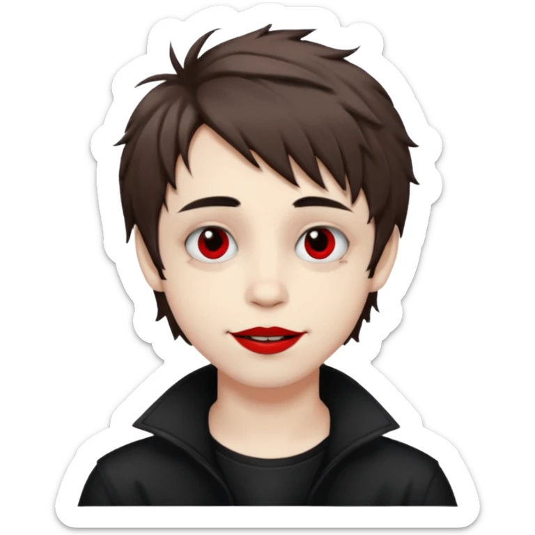 Happy pale Goth boy with shaggy brown hair, and messy black eyeliner , smudged, red, lipstick  sticker