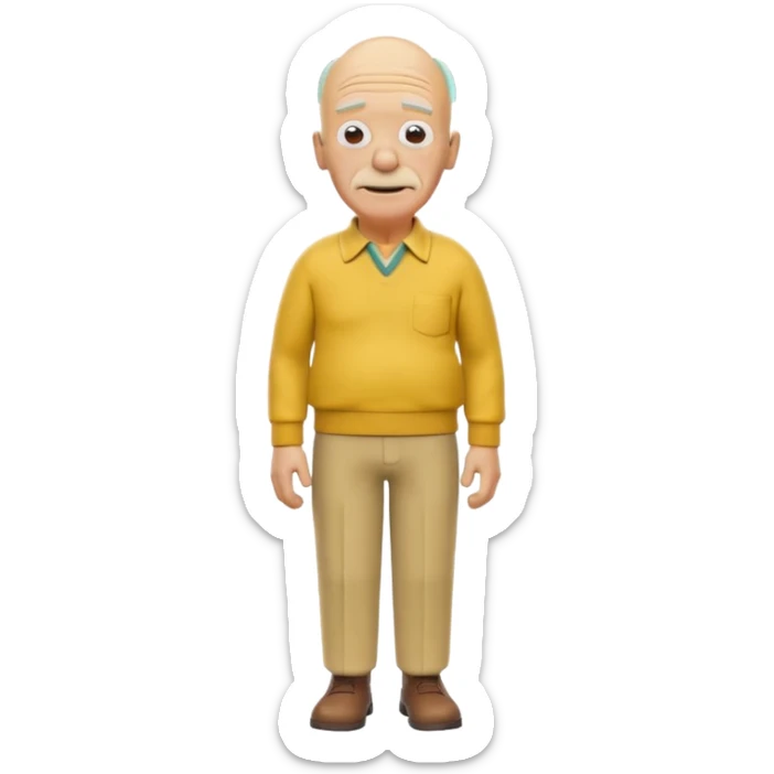 A 3D cartoon elderly man entirely yellow, styled like Grandpa Simpson, bald head with few hair strands, wrinkled face, yellow shirt and trousers, kind smile, cinematic Memoji-style render matching other Simpsons characters. sticker