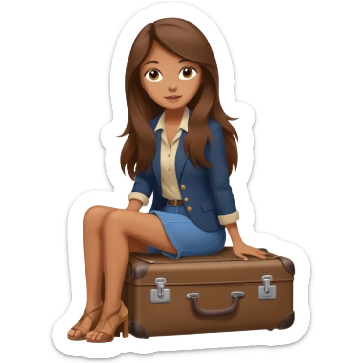 The sticker is a realistic beautiful woman with long brown hair, sitting on a suitcase, a cartoon-style vector illustration created using Procreate --chaos 25 sticker