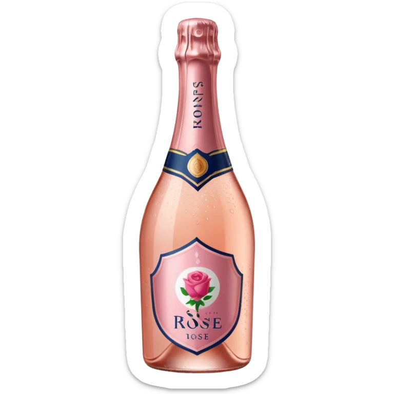 bottle of sparkling rosé with a rose logo on the label, tilted to the left, no glass sticker