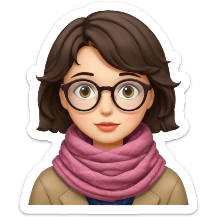 A shy brunette hair wavy short hair woman with big round glasses and thick scarf, blushing from the cold. sticker