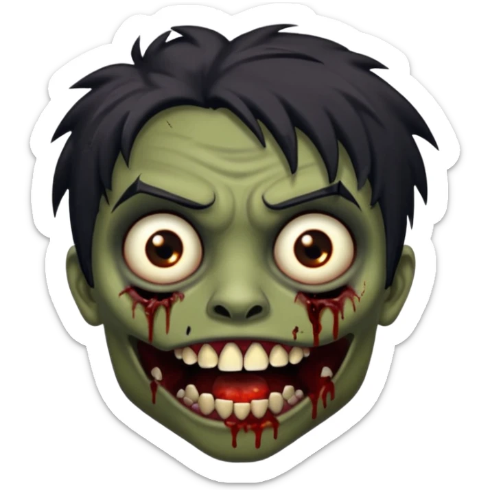 Brown-skinned zombie with messy black hair, wide centered brown eyes, dark bloody marks under the eyes, and a slightly open mouth showing crooked teeth grillz, giving a distressed, undead look. sticker