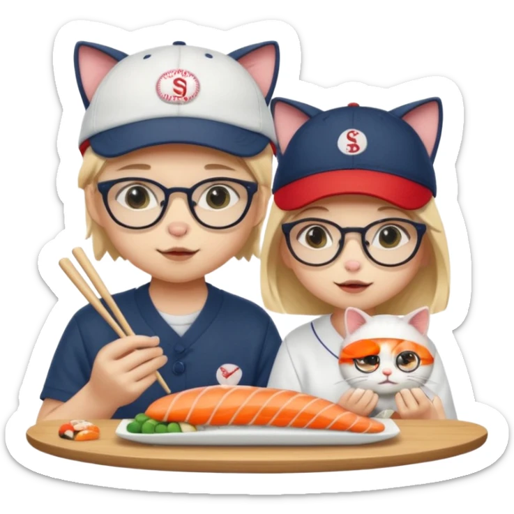 cute girl cat wearing glasses and a cute boy cat wearing a baseball cap eating sushi together sticker