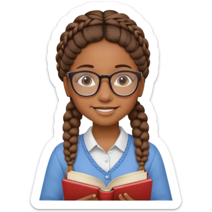 A student, girl, brown skin, braid hair, wearing glasses, hold book in front of their chest sticker