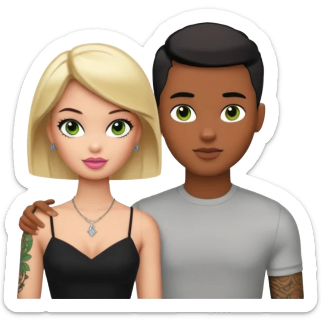 Brown skin blonde hair brown eyed barbie with her pale boyfriend with black short hair and green eyes with tattoos sticker