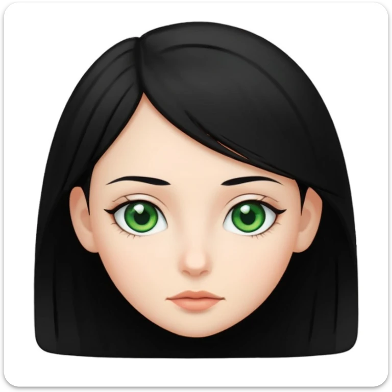 girl with black hair and green eyes, iOS app icon style, flat design, simple features, white background sticker