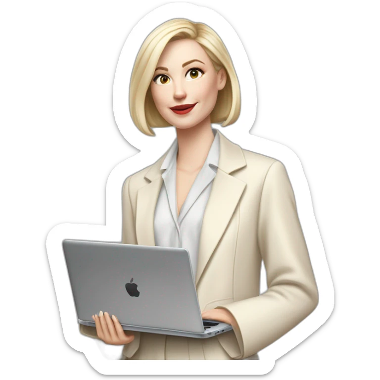 pale skin woman with ash blonde Straightened bob Hair, White Spacious classical jacket, beige palazzo Arrow pants and gray blouse holding a MacBook in the hands sticker
