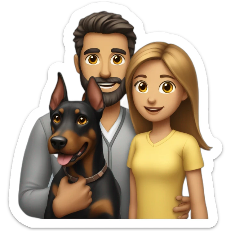 A  man with beard and with a beautiful girl playing with a boy Doberman dog sticker