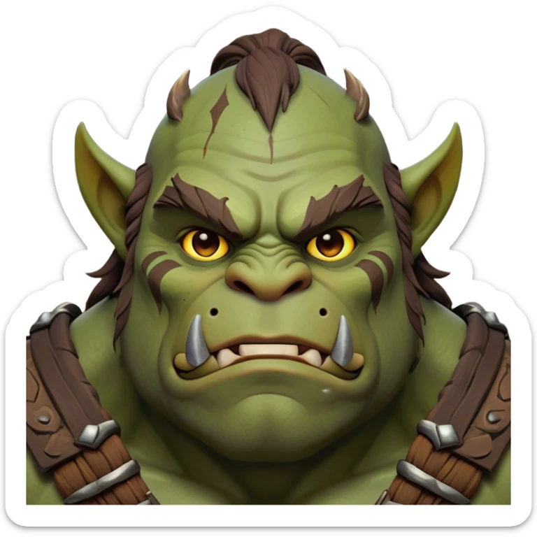 Cinematic Noble Ogre Portrait Emoji, Majestic and imposing, with a rugged, muscular form in deep earthy greens and browns, adorned with battle scars and subtle tribal markings, exuding calm, noble strength and unexpected wisdom, simplified yet strikingly detailed, glowing with a shadowy outline that captures the essence of a gentle giant with fierce heart! sticker