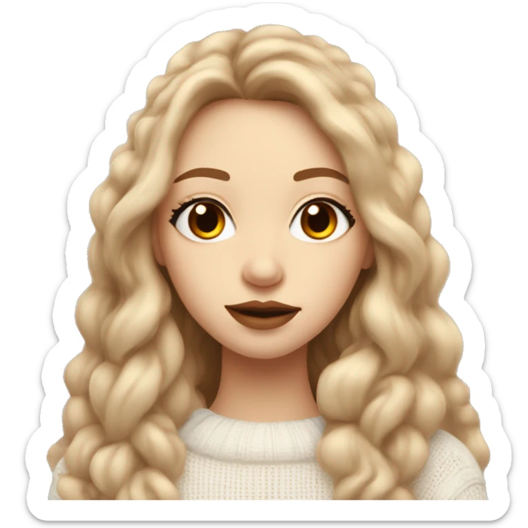 very pretty girl with beautiful long light brown hair big lips and small nose in white cozy sweater  sticker