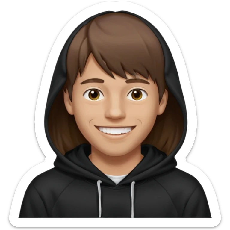 20 yr old man, brown hair, straight, big smile, white teeth, tanned skin, bangs, black hooded sweatshirt, long hair in back, center-parted bangs sticker