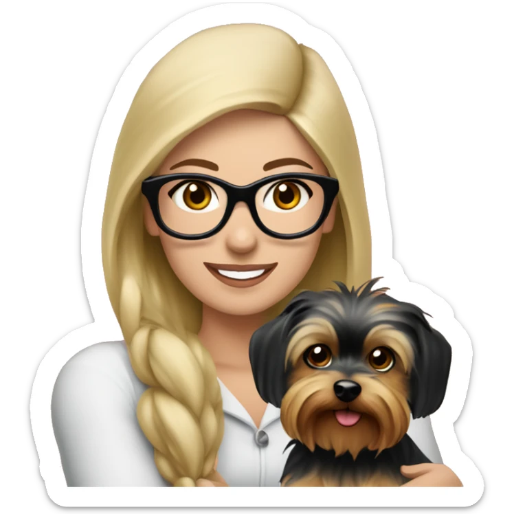 Beautiful blonde haired woman with ble eyes and black glasses wearing a red santa hat holding Yorkshire terrier sticker