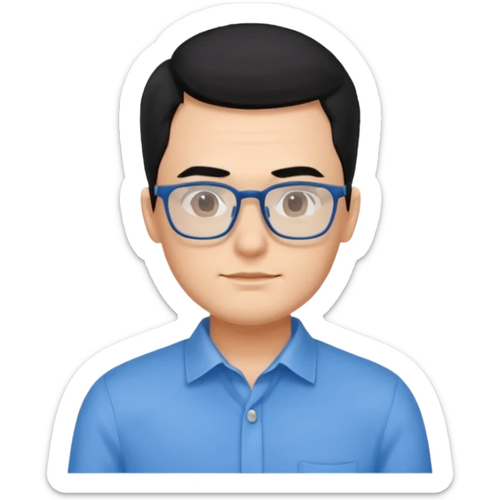 portrait of US man, wearing a blue shirt, square glasses, black hair sticker