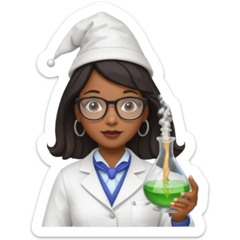black woman scientist with glasses, wearing wizard hat custome, with glass vase sticker
