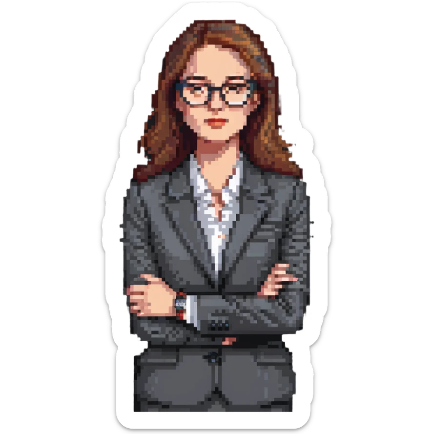 pixel art illustration of a businesswoman from the waist up, wearing a suit and glasses, hand under chin, gazing to the side with thoughtful expression, luxury watch subtly shown on wrist, curious and contemplative mood, clean background sticker