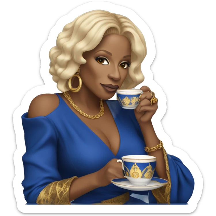 Mary j blige drinking tea with blue and gold locs wearing a royal blue and gold dress  sticker