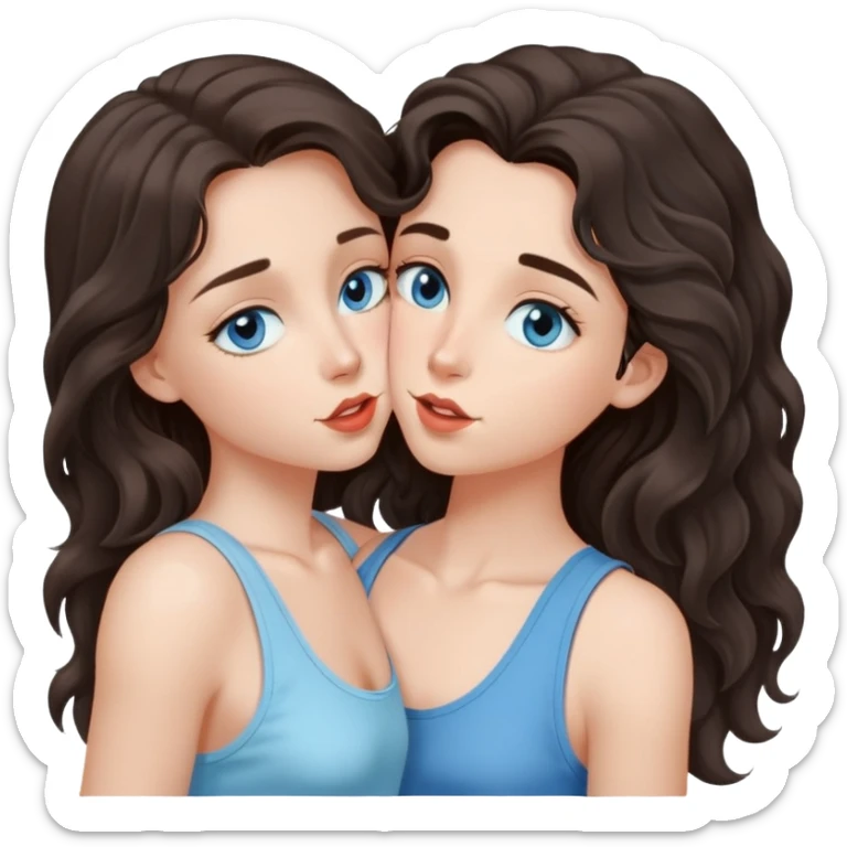 A girl with long, dark brown, wavy hair, grey-blue eyes, and a light blue tank top giv a kiss  sticker