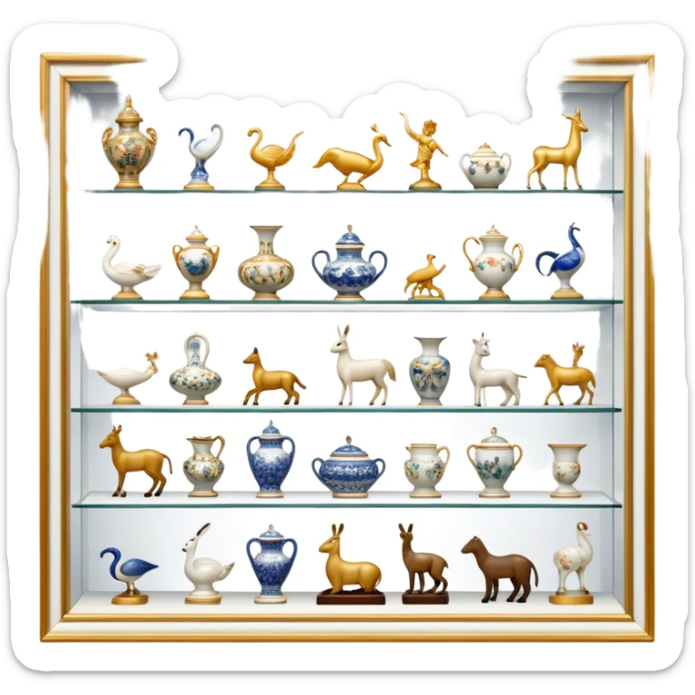 Icon for Porcelain Figurine Collecting: a collection of delicate porcelain figurines, such as animals, dancers, and historical characters, displayed on a shelf or in a display case. The icon should convey the elegance and artistry of collecting porcelain statues. Transparent background. sticker