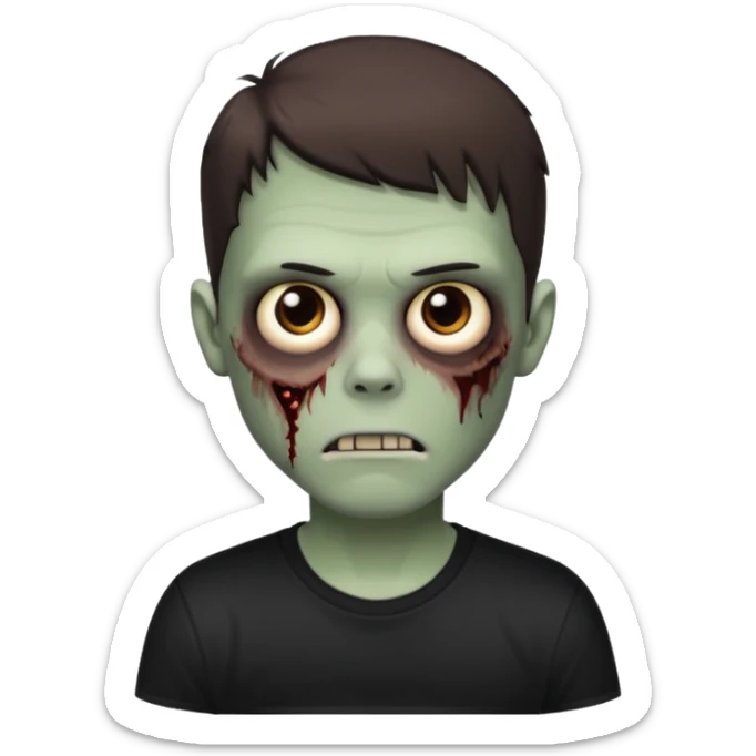 zombie white boy with dark brown edgar haircut and brown eyes (his skin is clear and white but with zombie scars) in black tee  sticker