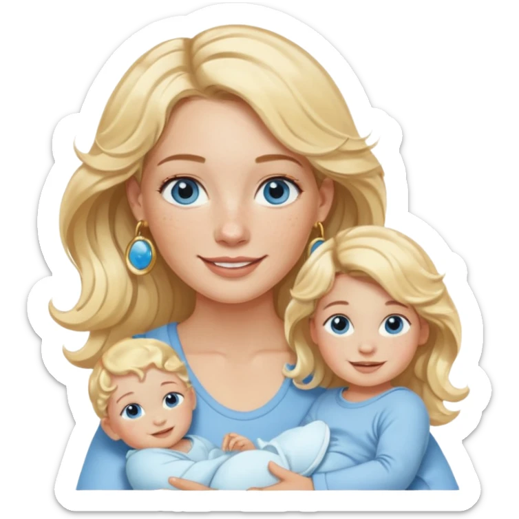 Wavy blonde, white woman with blue eyes, freckles hoop earrings, holding babies smiling and really cute in gold hoops sticker