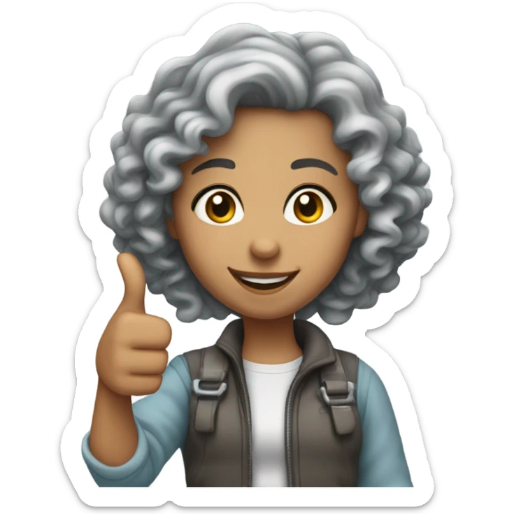Grey curly hair girl with thumb up, lighter skin, narrower face sticker